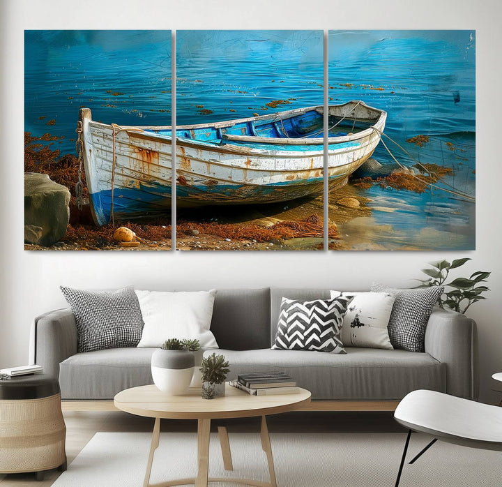 Vintage Boat on Tranquil Waters | Coastal Wall Art for Nautical Decor | Rustic Triptych Canvas Print | Beach House Art for Coastal Home Decor