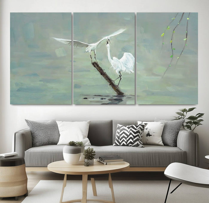 Elegant White Herons on Calm Waters | Coastal Wall Art for Nature-Inspired Decor | Serene Triptych Canvas Print | Ready to Hang Bird-Themed Art for Home Decor