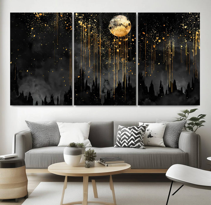 Gold Moon and Black Skyline Abstract Wall Art | Dark Modern Canvas Print with Dripping Gold Accents | Triptych Contemporary Homes