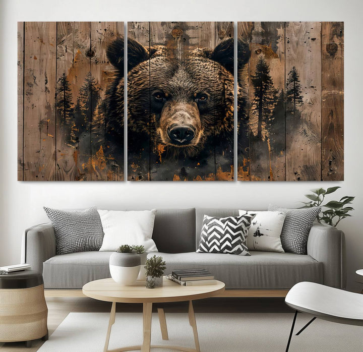 Rustic Bear Wall Art | Triptych Canvas Print | Rustic Cabin Wall Decor | Forest-Inspired Animal Art | Perfect for Farmhouse or Woodland Print