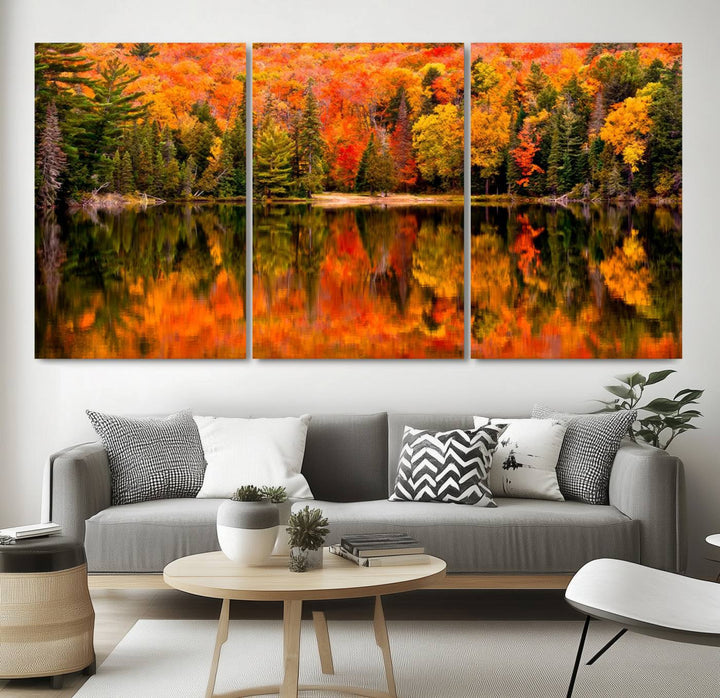 Autumn Forest Reflection Wall Art | Triptych Canvas Print | Vibrant Fall Foliage Wall Decor | Nature-Inspired Cabin Wall Art for Living Room