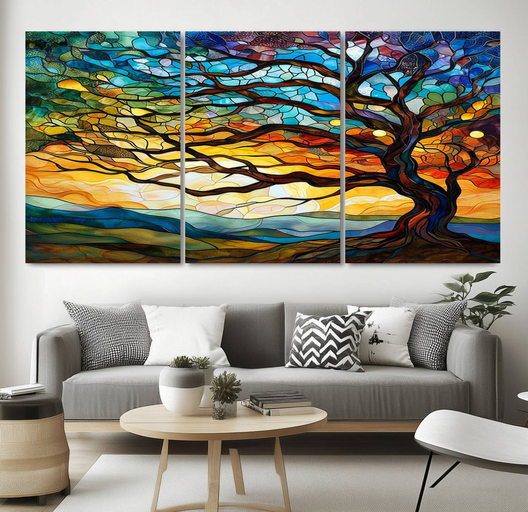 Vibrant Mosaic Tree of Life Wall Art | Stained Glass Style Canvas Print | Ready to Hang Artistic Decor