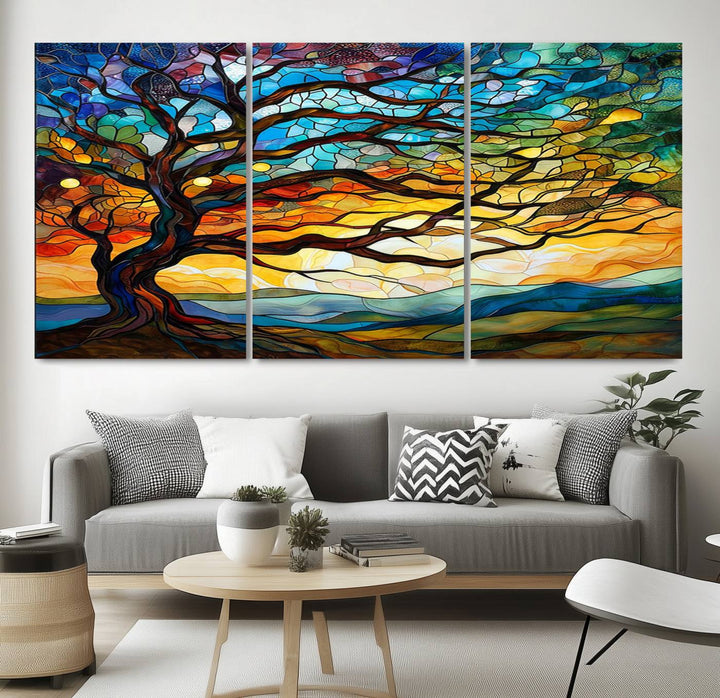 Mosaic Tree Wall Art | Ready to Hang Stained Glass Style Canvas Print | Farmhouse Wall Decor, Cabin Wall Art, and Unique Nature Home Decor