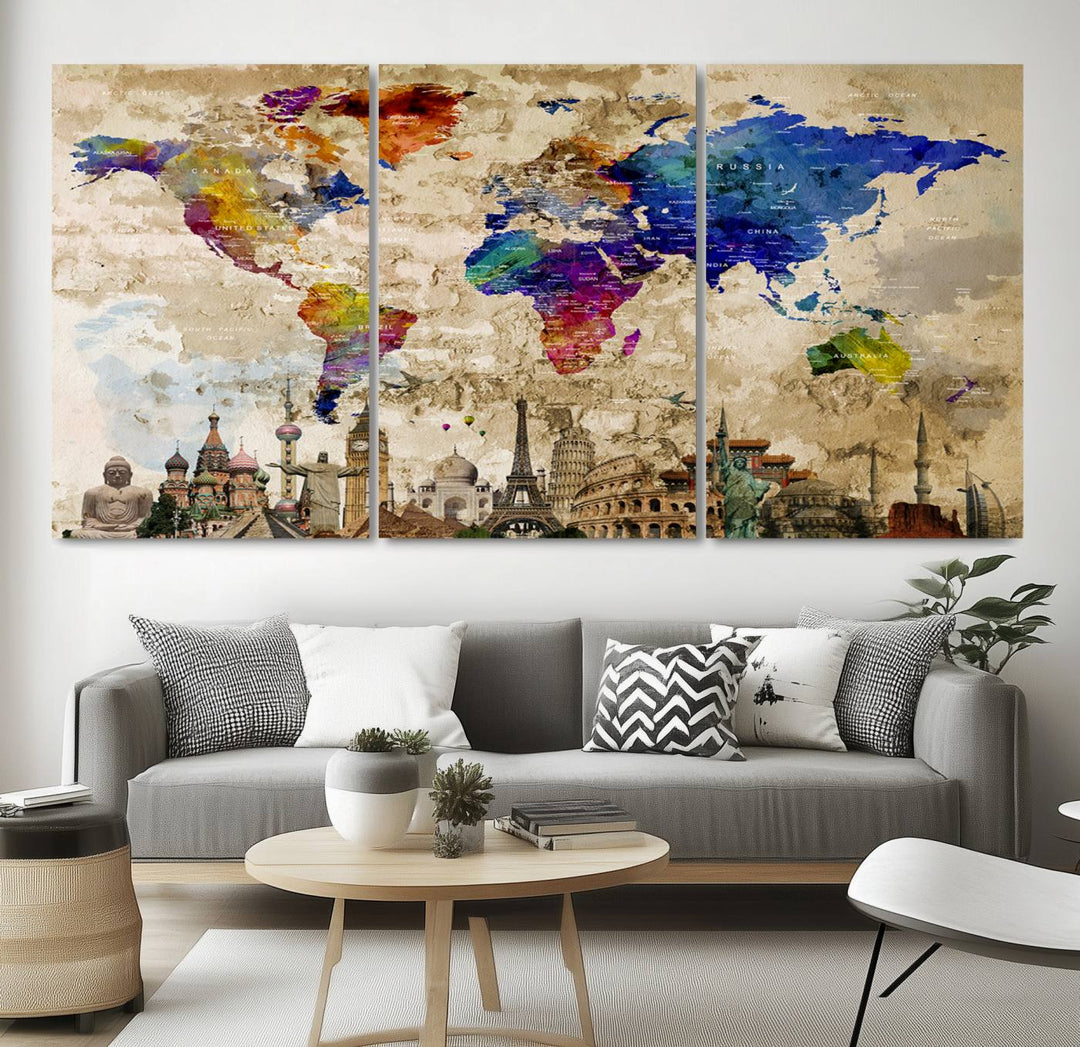 Framed World Map Canvas Print with Landmarks | Multi-Panel Wall Art | Ready to Hang Decor for Living Room, Office | Global Travel Wall Art | Vibrant Landmark Design