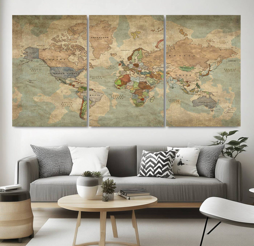 Vintage World Map Canvas Wall Art – Antique Triptych Map Print – Rustic Global Decor for Living Room or Office – Ready to Hang