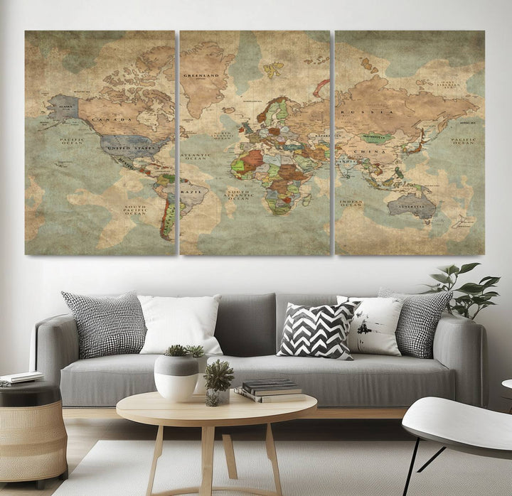 Mapa mundial nostálgico del grunge Arte de pared grande Mapa mundial Lienzo