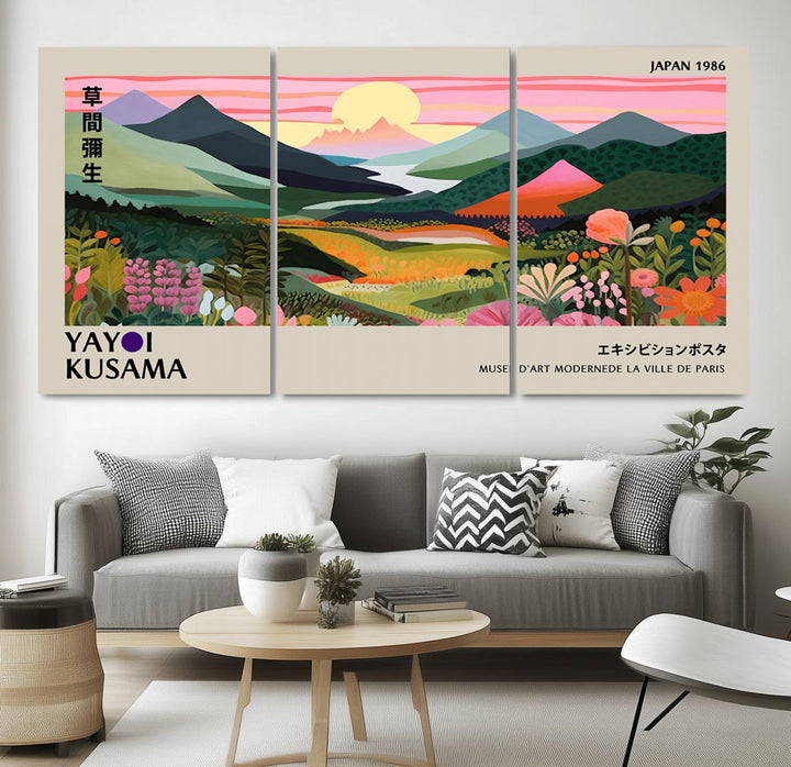 Vibrant abstract landscape canvas with mountains and fields, titled Yayoi Kusama 1986 Wall Art Print.