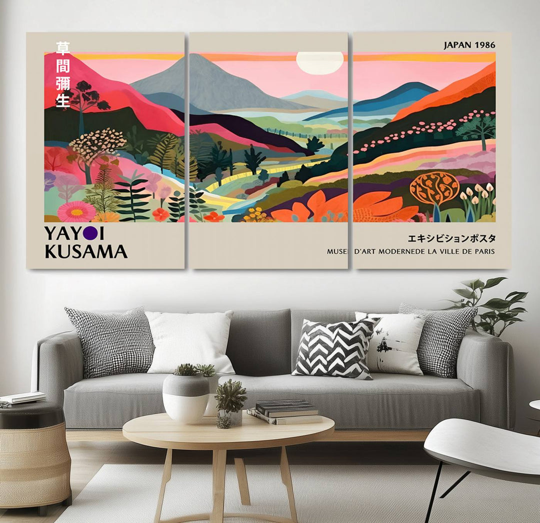 Vibrant abstract landscape canvas inspired by Yayoi Kusama, featuring mountains, trees, and flowers in a triptych style.