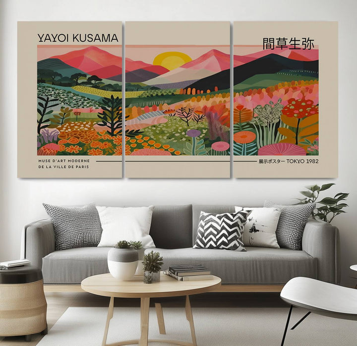 A vibrant abstract triptych features mountains, a sun, and plants in Yayoi Kusamas style with Japanese and French text included.