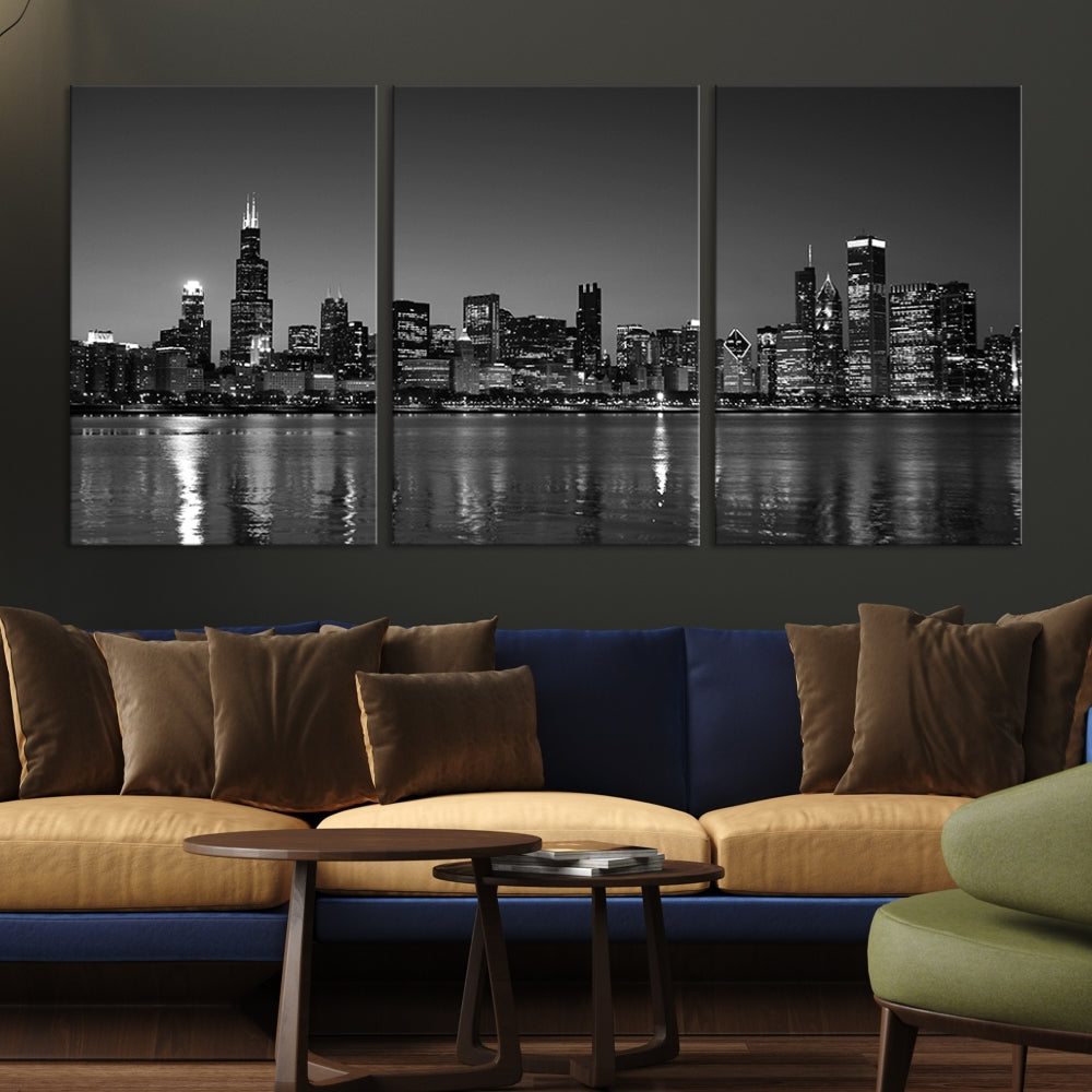 The Chicago Wall Art Canvas Print, a black and white triptych of a city skyline, adorns the space. This museum-quality canvas art arrives ready to hang, effortlessly merging sophistication with contemporary design.