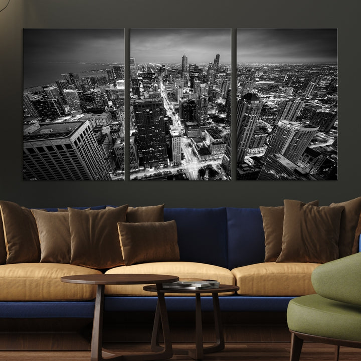 A Chicago Wall Art Canvas Print, specifically the Chicago City Night Canvas Print, is displayed in handcrafted frames.