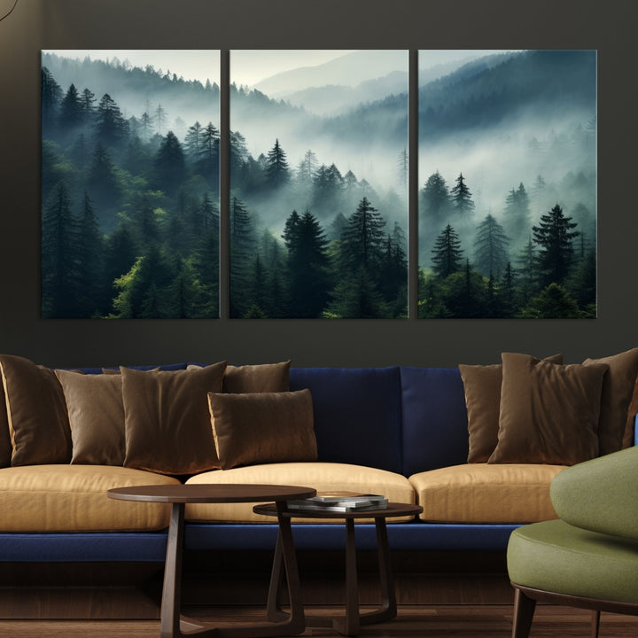 The Captivating Misty Forest Wall Art Premium Canvas Print offers a foggy and serene ambiance, enhancing the modern living room's atmosphere.