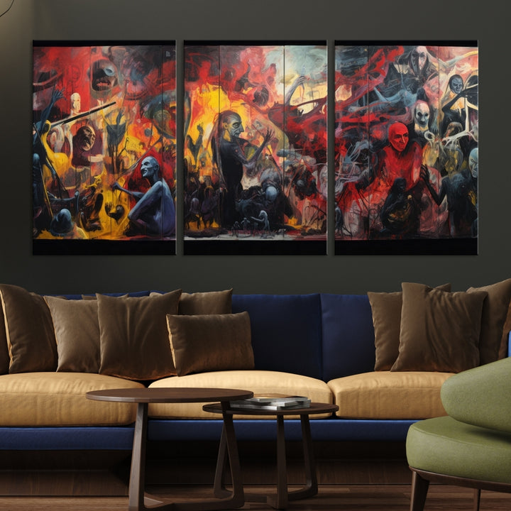 A vibrant Abstract Graffiti Wall Art triptych made of premium canvas, handmade in the USA, adorns the living room.