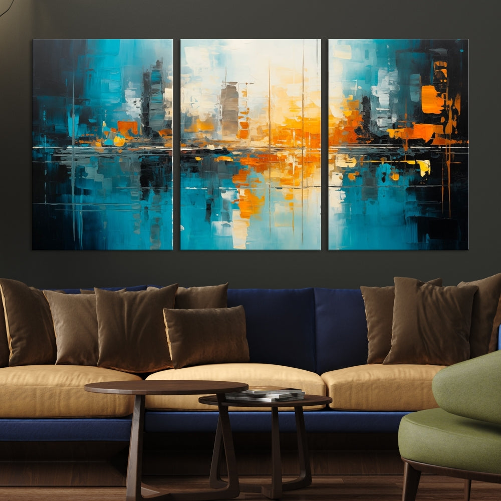 The Large Modern Abstract Wall Art Canvas Print, gallery wrapped on museum-quality canvas, enhances the modern living room setting.