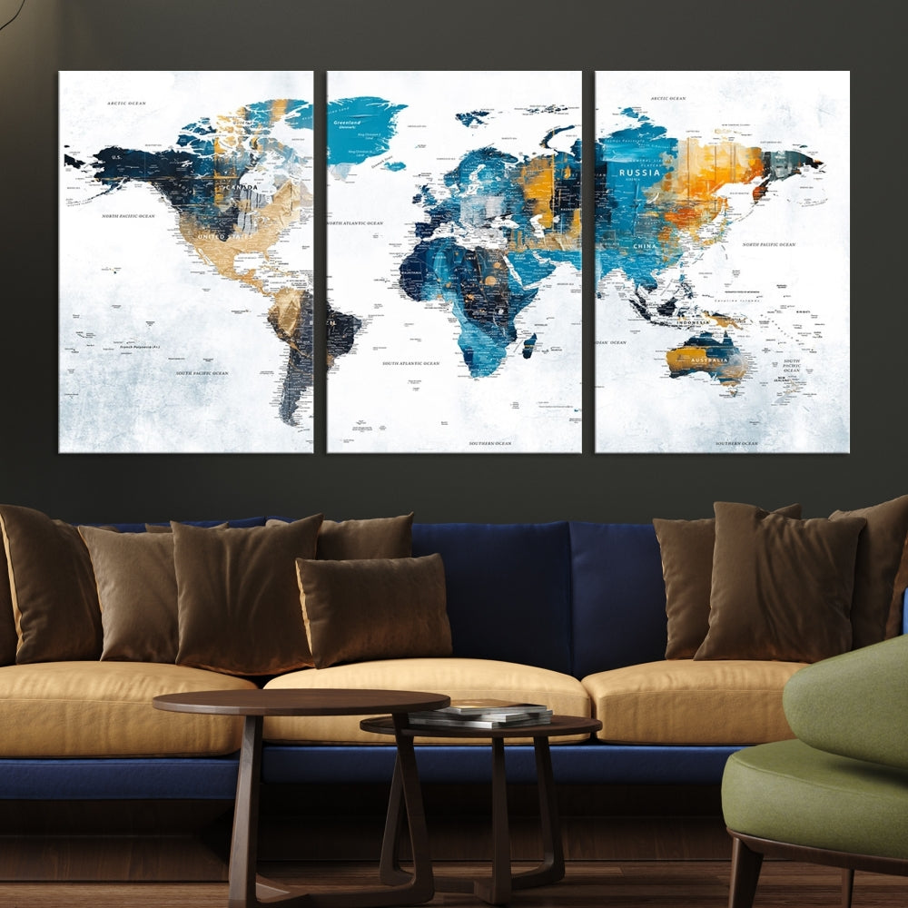 The World Map Turquoise Orange Wall Art Canvas Print, a triptych crafted on museum-quality canvases, adds aesthetic appeal and durability to the space.