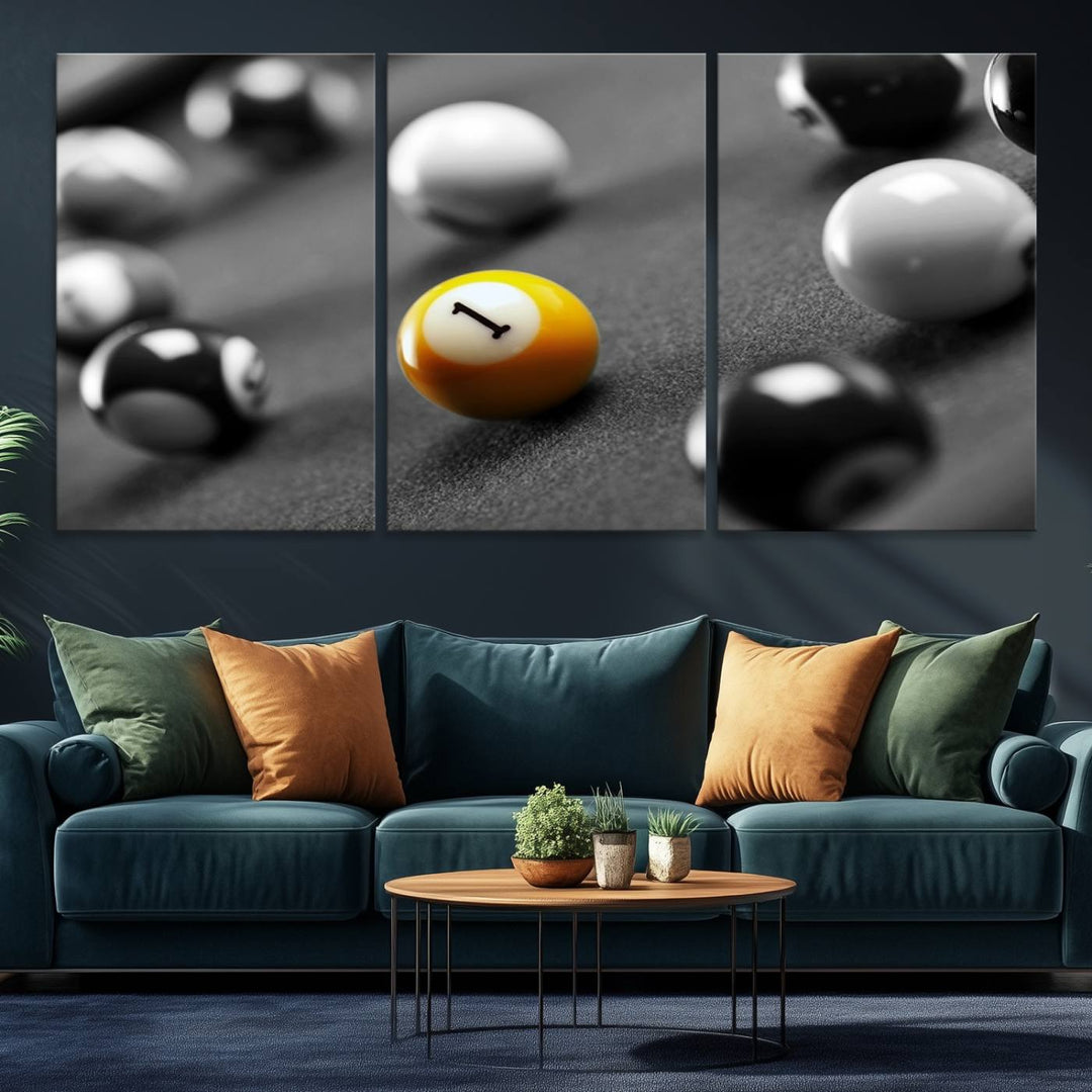 The Black and White Concept Billiard Balls Canvas Print elevates the space with museum-quality charm.