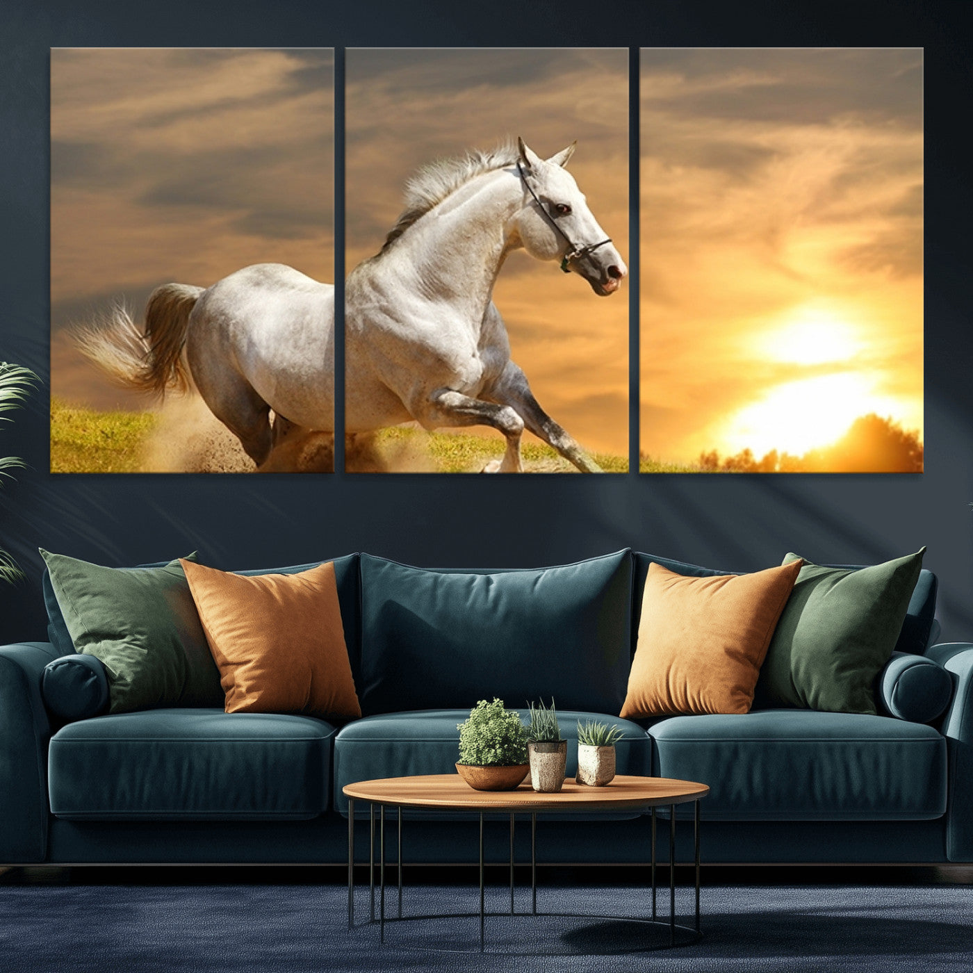 MGV-CV-60X30-3P - Large Wall Art Galloping White Horse at Sunset Canvas Print