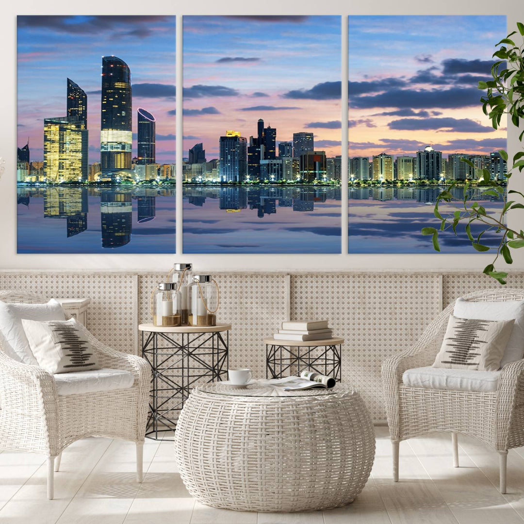 A gallery-quality wall art canvas print captures the Dubai city skyline with skyscrapers reflected in water at sunset.