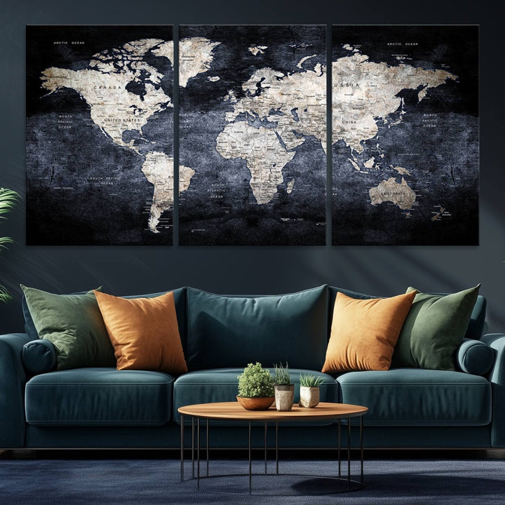 Rustic Black and Bronze World Map Canvas Triptych features white continents on a grunge-stained background.