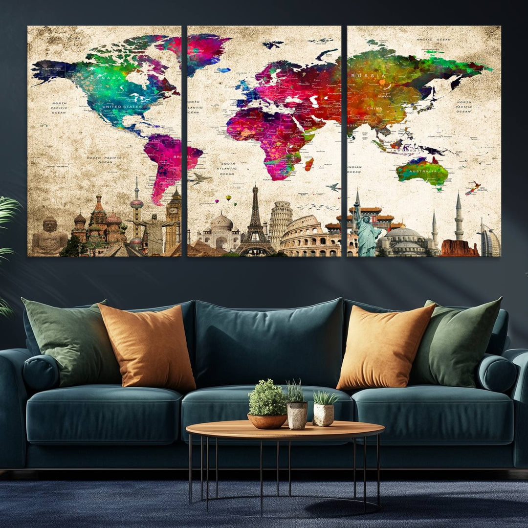 World map wall art print with landmarks on a grunge-stained background, perfect for stunning decor.