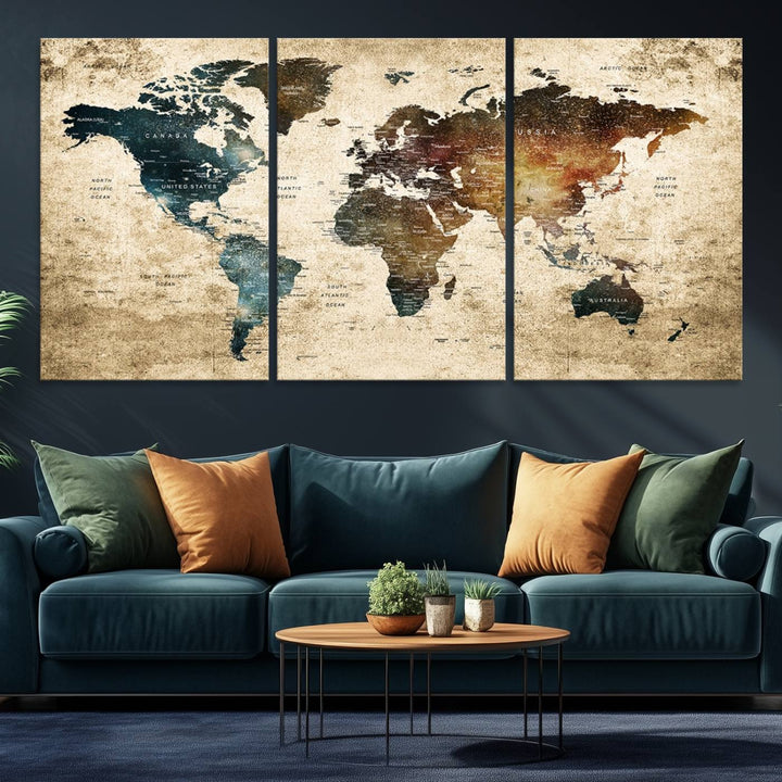 Vintage World Map Canvas Wall Art, perfect for antique-style decor, displayed against a light wood wall.