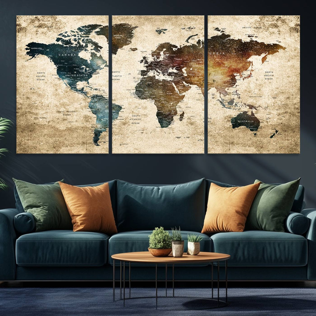 Grunge World Map Canvas featuring earth-toned continents, suitable for study, office, or living room.