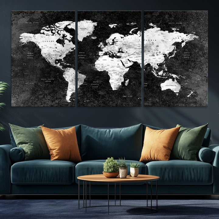 The dining room features a Modern Grayscale World Map 3-Panel Canvas Art as its focal point.