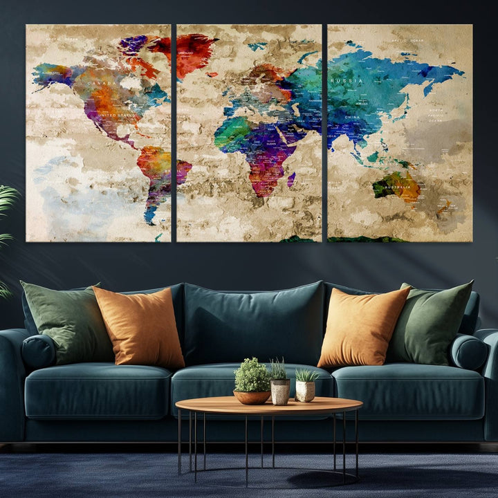 An Abstract Large Watercolor World Map Canvas Print hangs prominently.