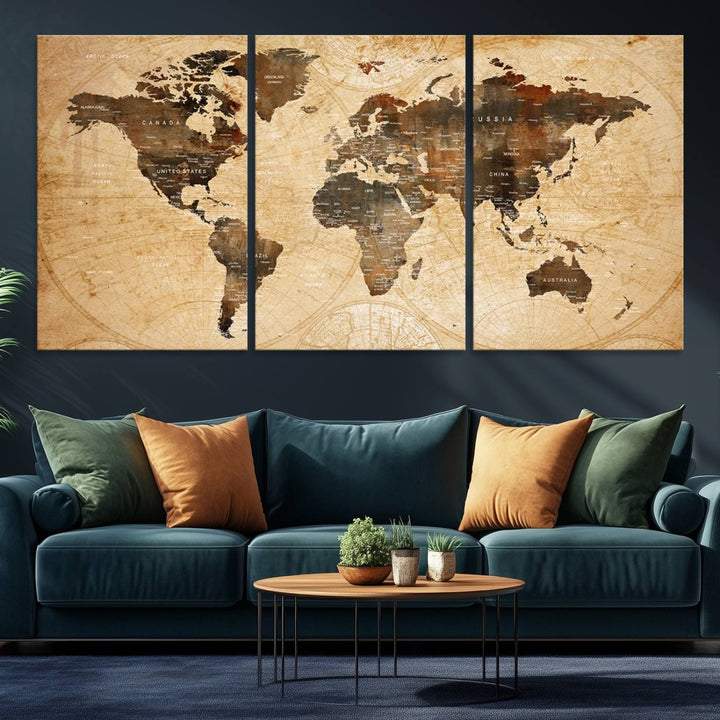 Vintage World Map: 3-Panel Canvas Print in antique rustic style. Framed and gallery wrapped. Ideal for decor.
