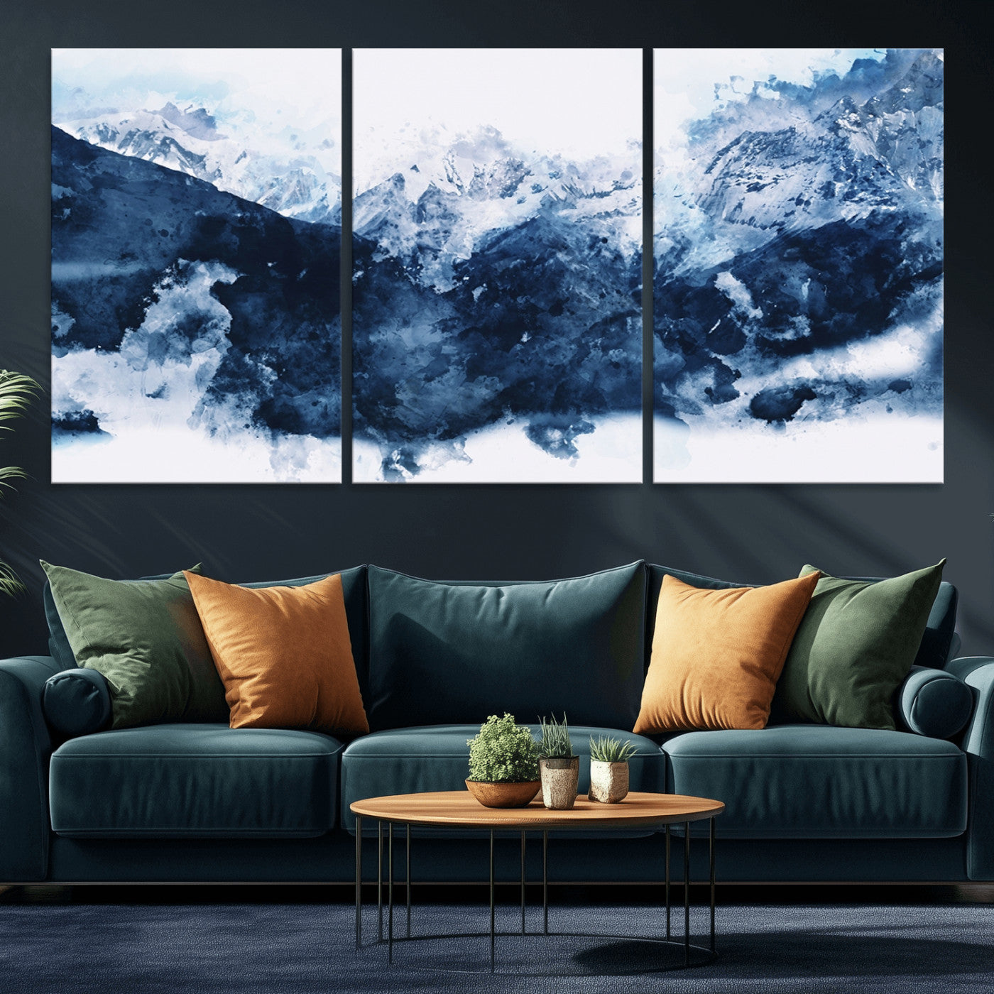 81700-MGV-CV-36X24-Abstract Blue Mountain Canvas Wall Art – Modern Triptych Landscape Print – Contemporary Nature Decor for Living Room or Office – Ready to