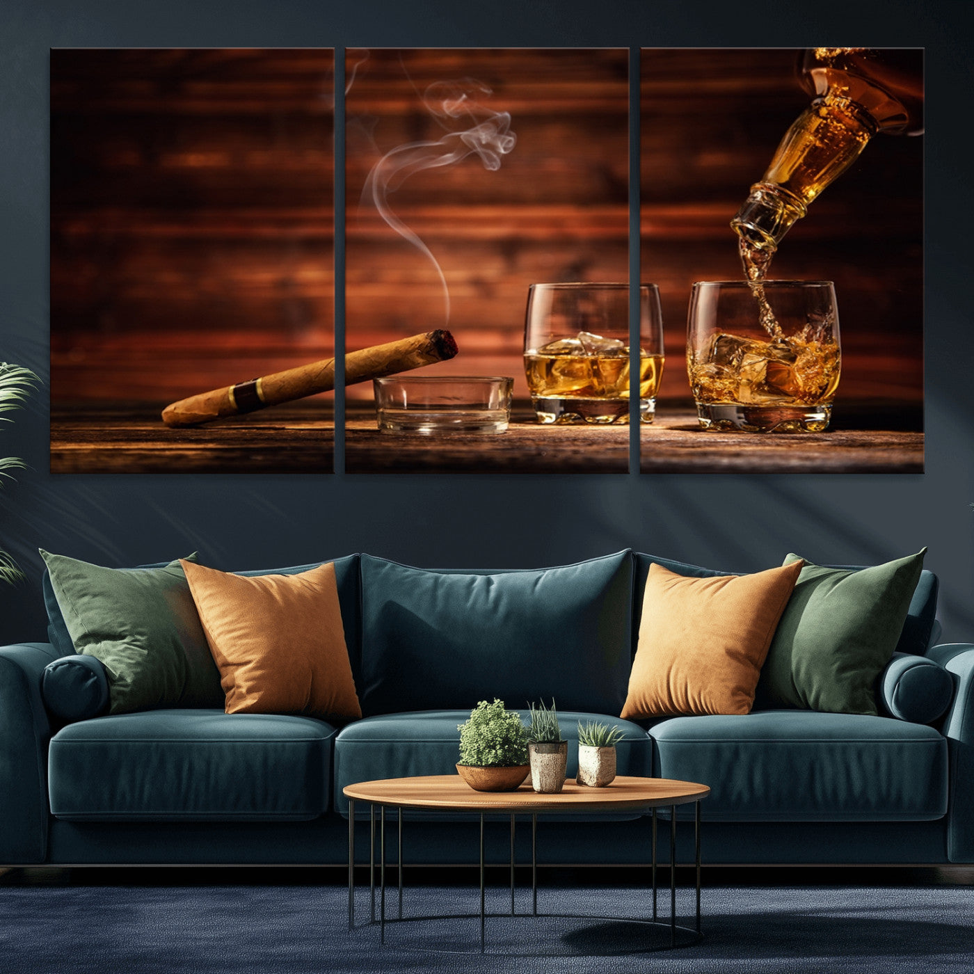 MGV-CV-60X30-3P - Whiskey and Cigar Wall Art Canvas | 3 Panel Bar Room Decor for Home Lounge, Office, or Man Cave |