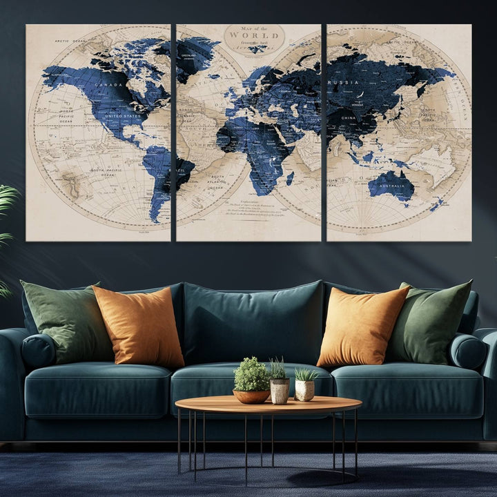 The Vintage Triptych Map Print is a grunge-stained blue and beige world map, perfect for enhancing wall decor.