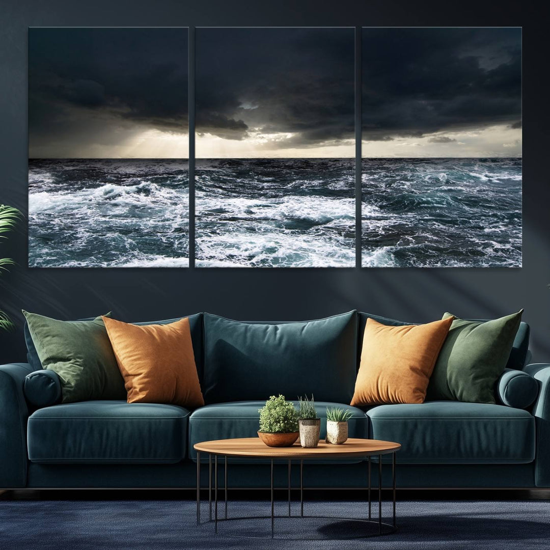 A Dark Clouds Stormy Sea canvas print, ready to hang, enhances the room.