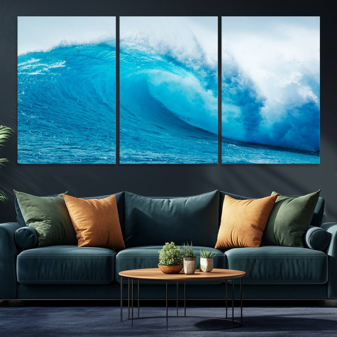 A museum-quality canvas depicting a vibrant blue ocean wave with white foam under a clear sky.