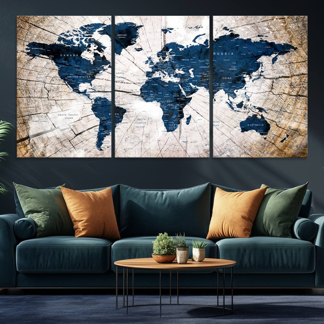 The Vintage World Map on Grunge Background Canvas serves as the focal point of the room.