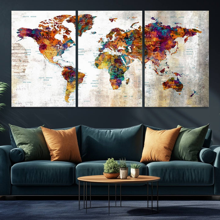 A vibrant Grunge Map Canvas Wall Art Set (3 Panels) for home or office decor, perfect for travel enthusiasts.