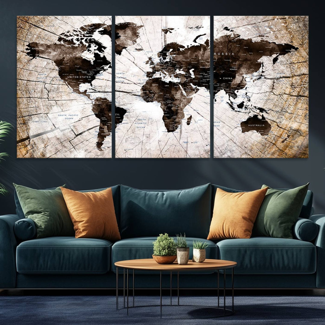 The Tree Ring World Map Canvas hangs above the table, blending into the nature-inspired setting.