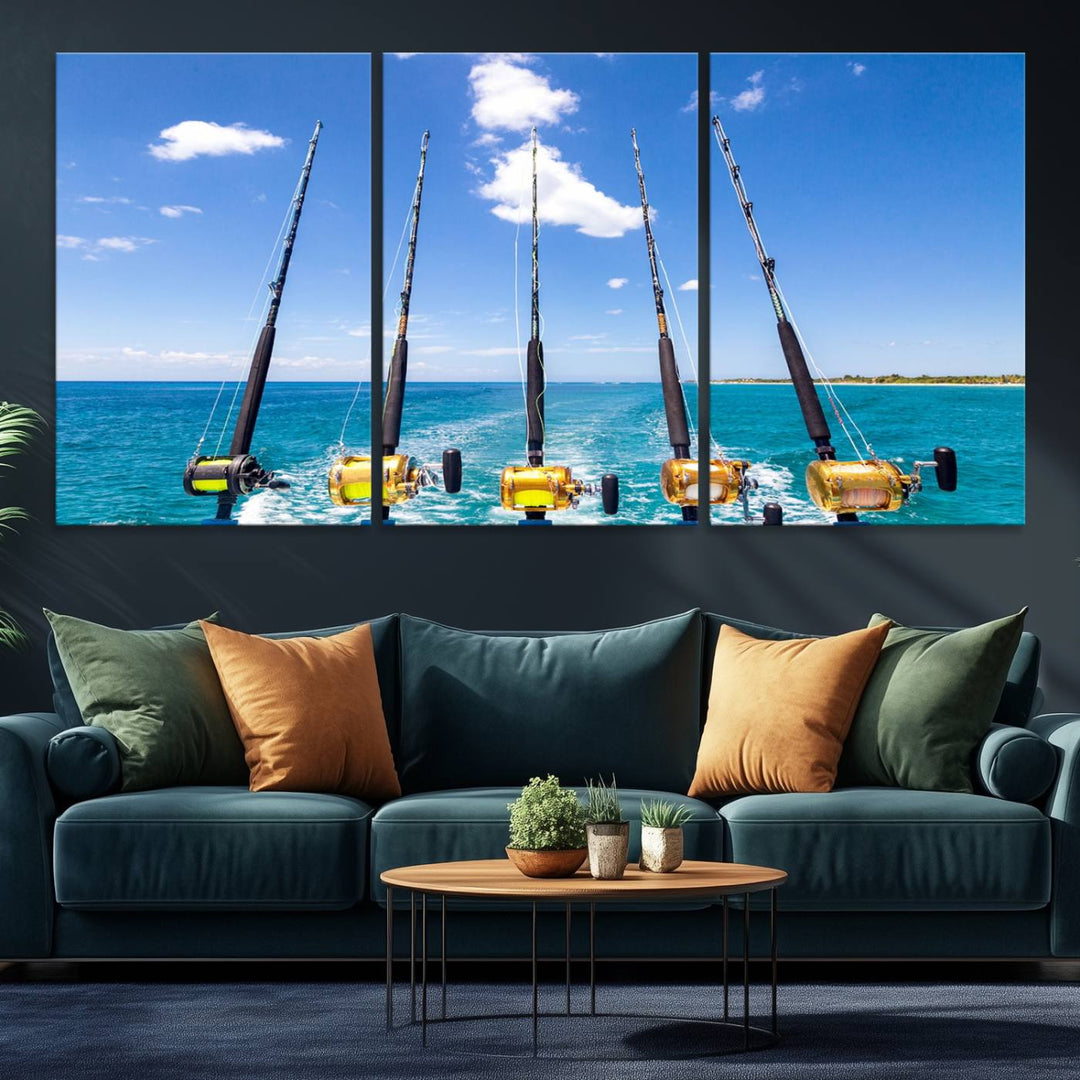 The Fishing Roads on Boat Canvas Wall Art Print is prominently displayed on the wall.