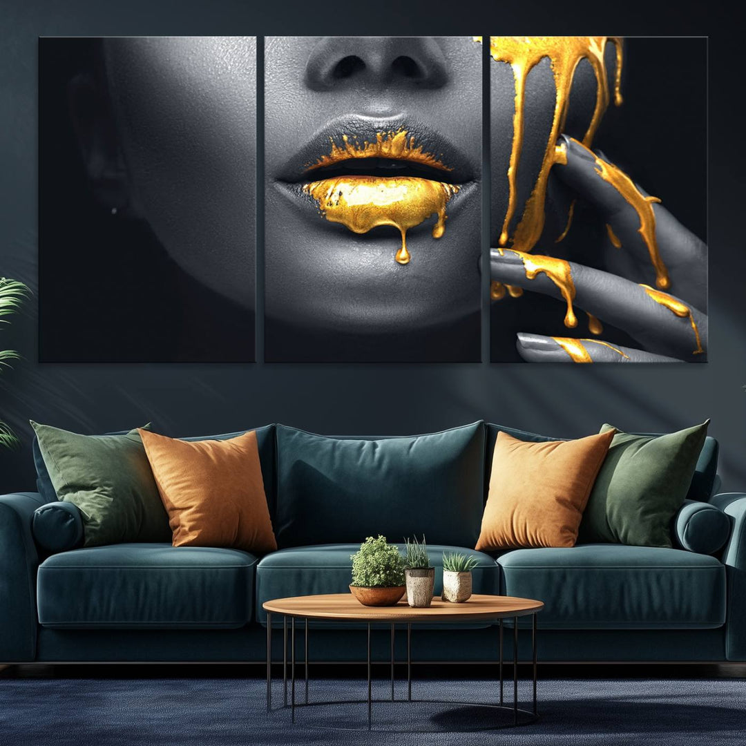 The Gold Lips and Black Woman Makeup Canvas Print features a chic monochrome face design, making it ideal for a modern dining room.