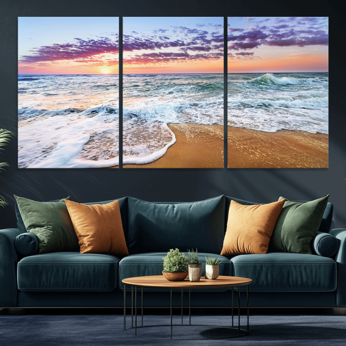 MGV-CV-60X30-3P - Coastal Sunset Art Beach Canvas Wall Art Print | Ocean Waves Wall Art | Large 3-Panel Seascape for