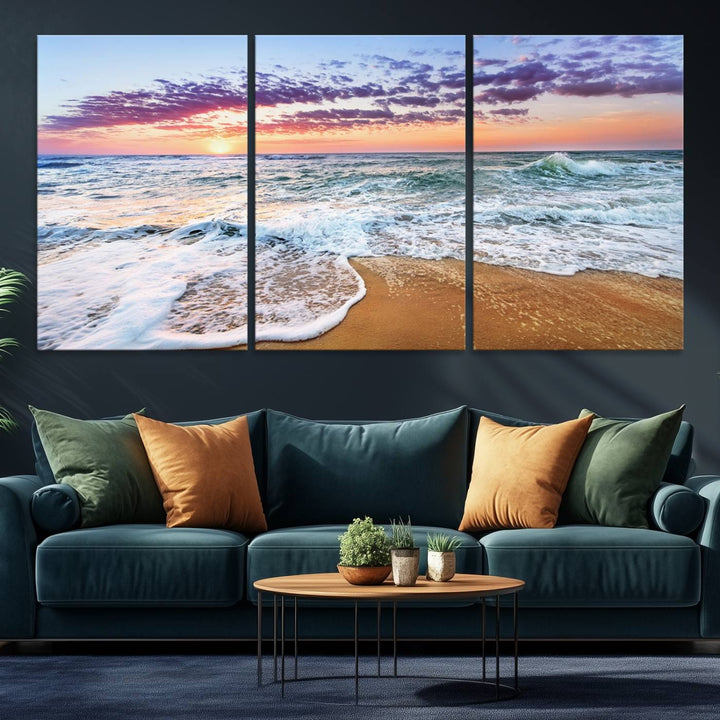 The Tropical Beach Waves Art Print, depicting an ocean sunset and sandy shore, enriches the coastal decor of the dining area.