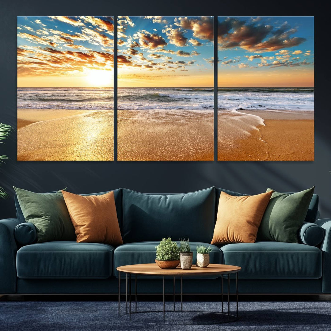 A gallery-wrapped canvas titled Soothing Sunset on Calm Beach is featured.