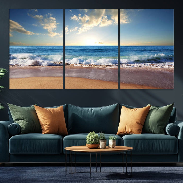 The dining room features a Coastal Tropical Beach Sunset canvas wall art.