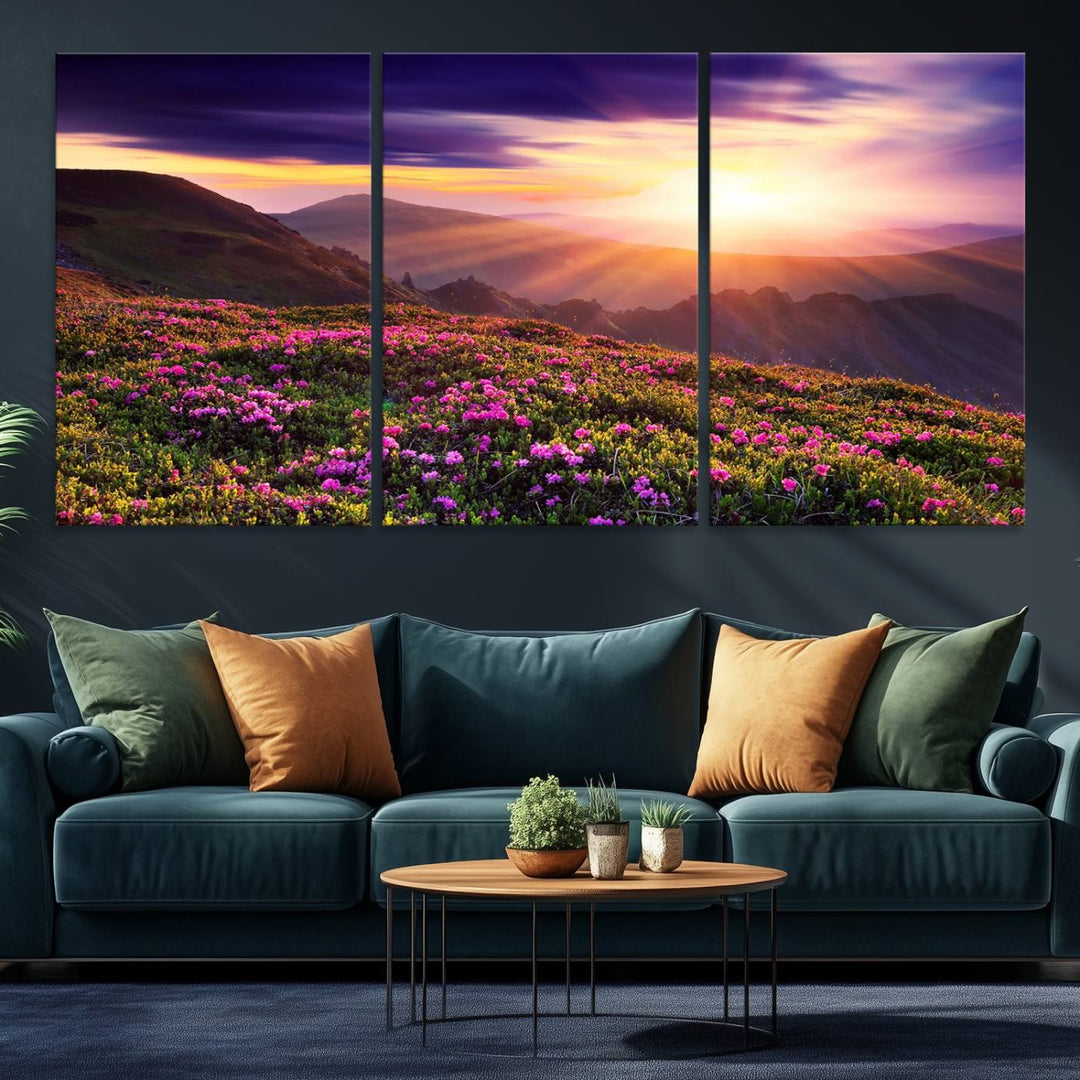 Gallery-wrapped wall art of a stunning mountain sunset and purple flowers.