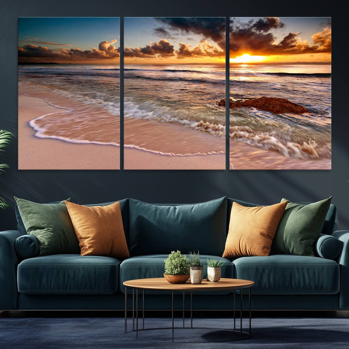 The Sunset on Ocean Wall Art Canvas Print beautifully captures a beach sunset, gentle waves, and a peaceful atmosphere.