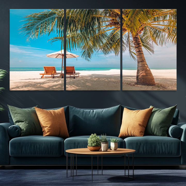 The 3-panel Tropical Beach Wall Art features palm trees and sun loungers, perfect for coastal decor.