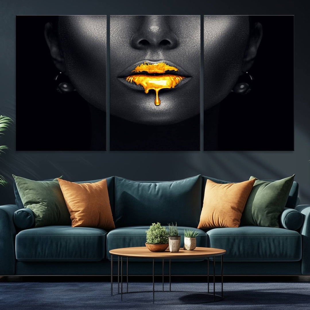 The Honey Gold Lips and Black Woman Photograph canvas print adds a striking touch to the room.