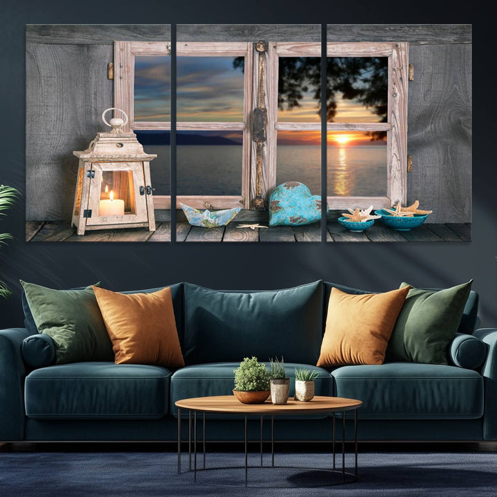 The Astonishing Sunset from the Window canvas print beautifully captures a sea view, accompanied by a lantern and starfish.