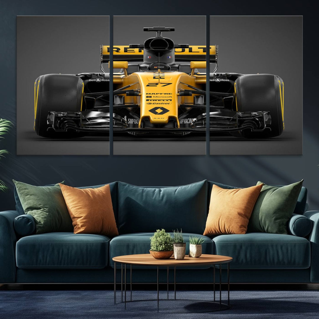 A yellow and black F1 Renault car canvas print with free shipping.