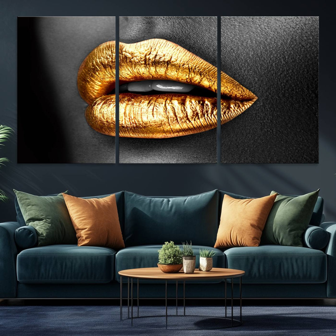 The Gold Lips Canvas Wall Art on a black background is showcased.